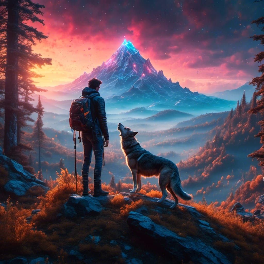 Young Man and Wolf at Forest Edge