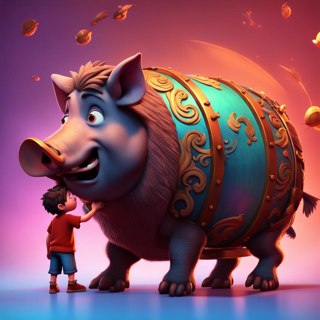 Boy and Boar Discover Drum in Pixar Style