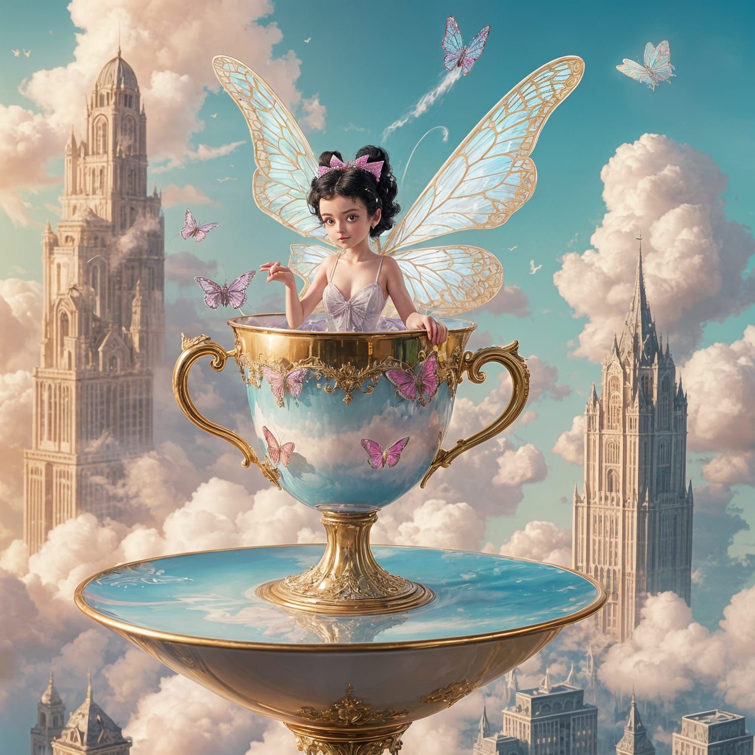 Betty Boop with Butterfly Wings on Floating Teacup