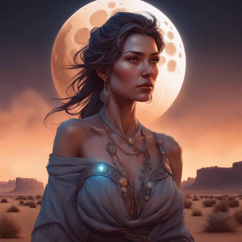 Moonlit Western Woman Portrait in Desert Landscape