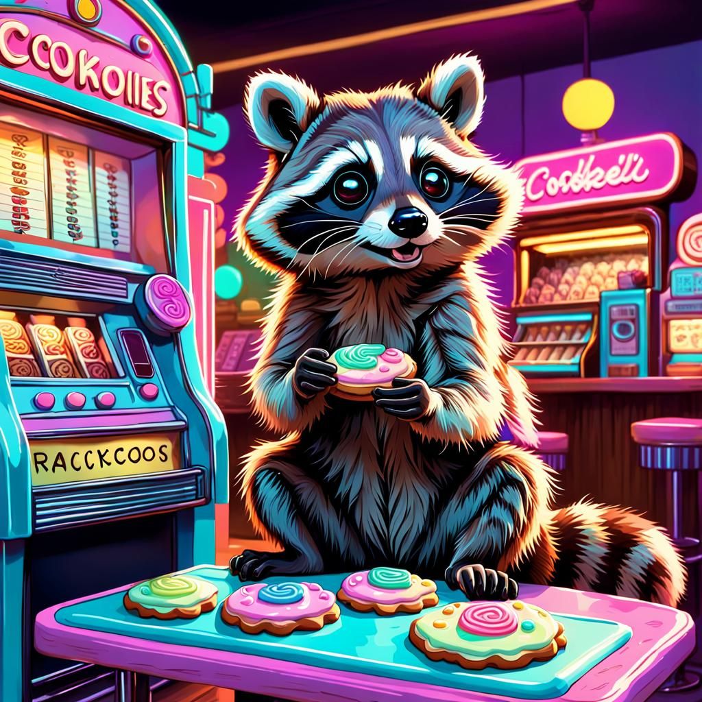 Raccoon at Candy Bar in Hyperrealistic Digital Art