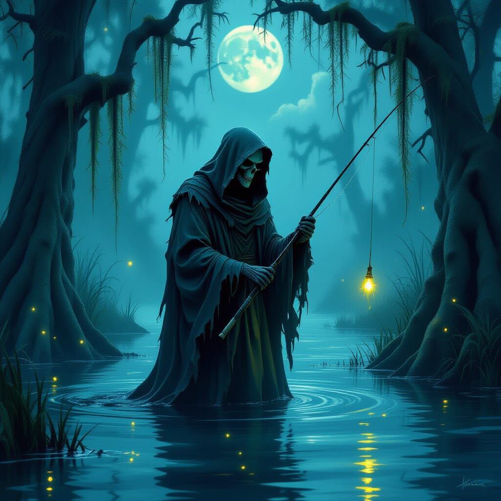 Grim Reaper Fishes in Moonlit Bayou