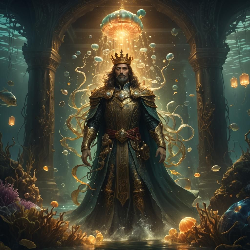 Underwater King Defends Kingdom: Epic Fantasy Illustration