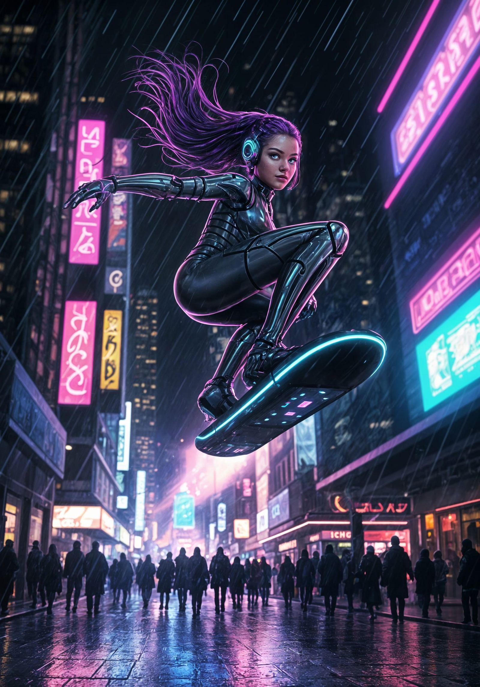 Cyborg Girl Soars Through Neon City on Hoverboard