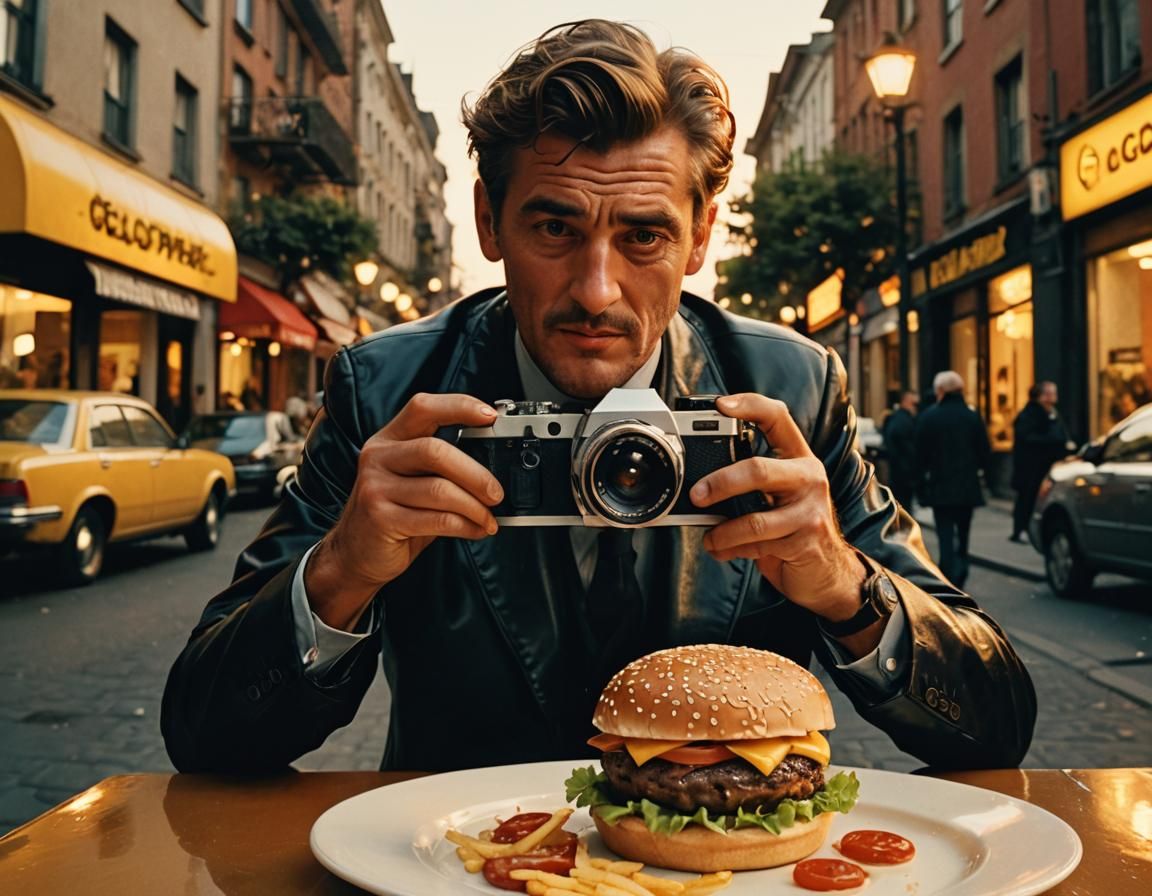 Cinematic Man Captures Hamburger with Analog Camera