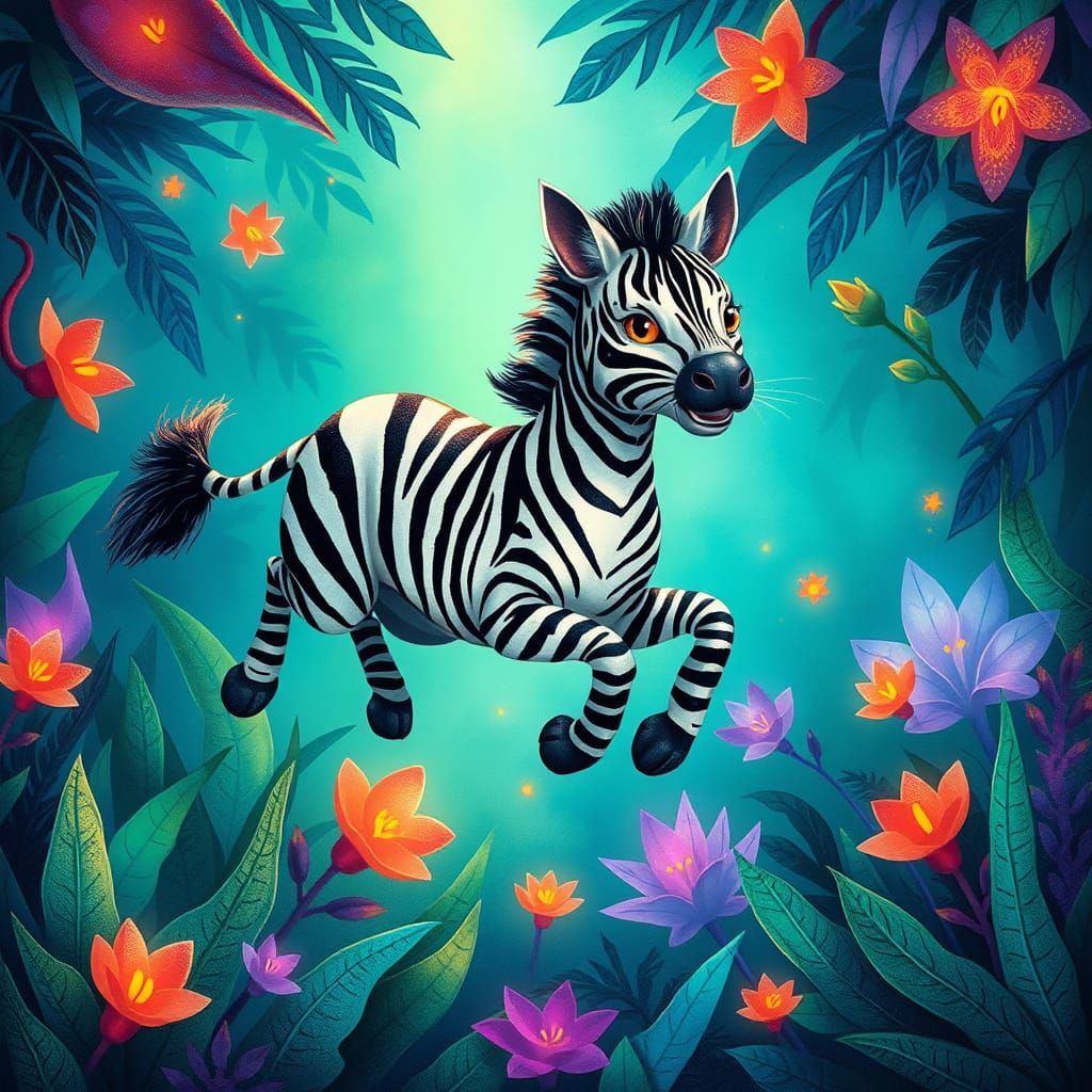 Whimsical Zebra Cat Hybrid Leaps through Vibrant Jungle