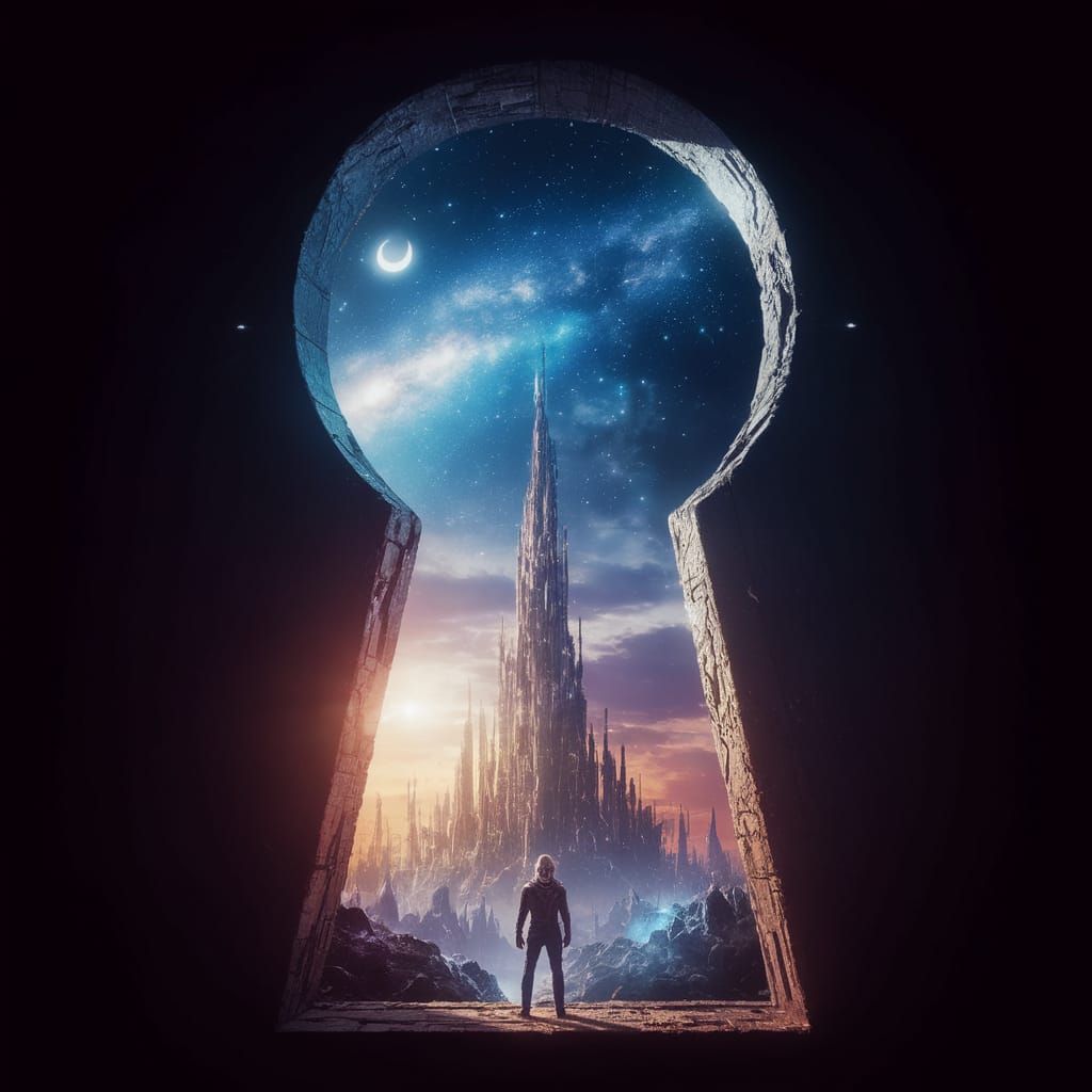 Surreal Keyhole Portal Reveals Futuristic Cityscape in Ether...
