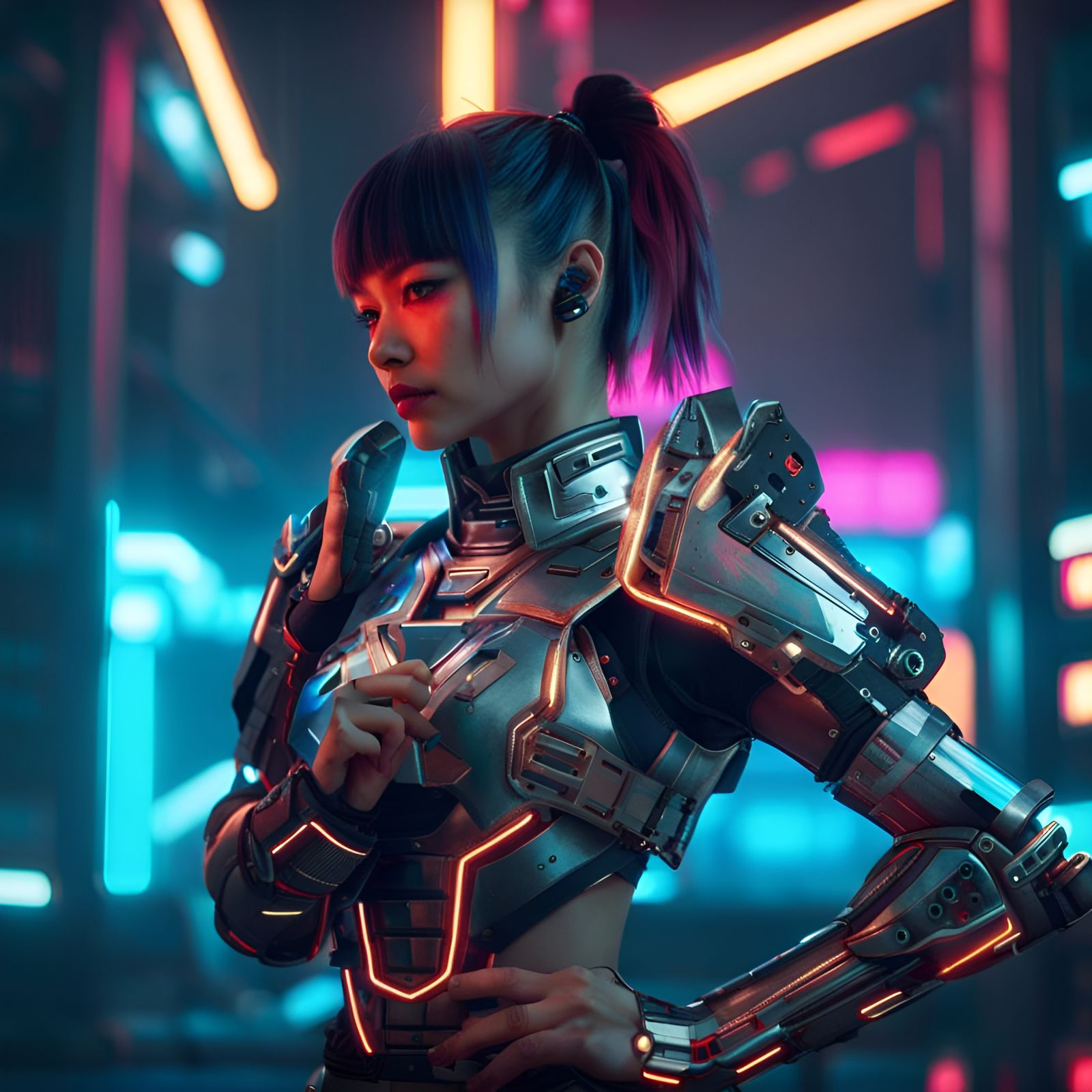 Cyberpunk Gladiator Victory in Futuristic Arena