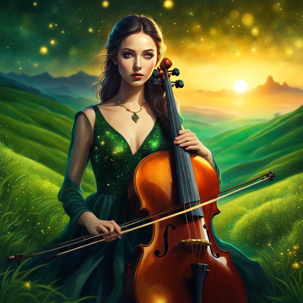 Girl Plays Cello at Sunset: Watercolor Art