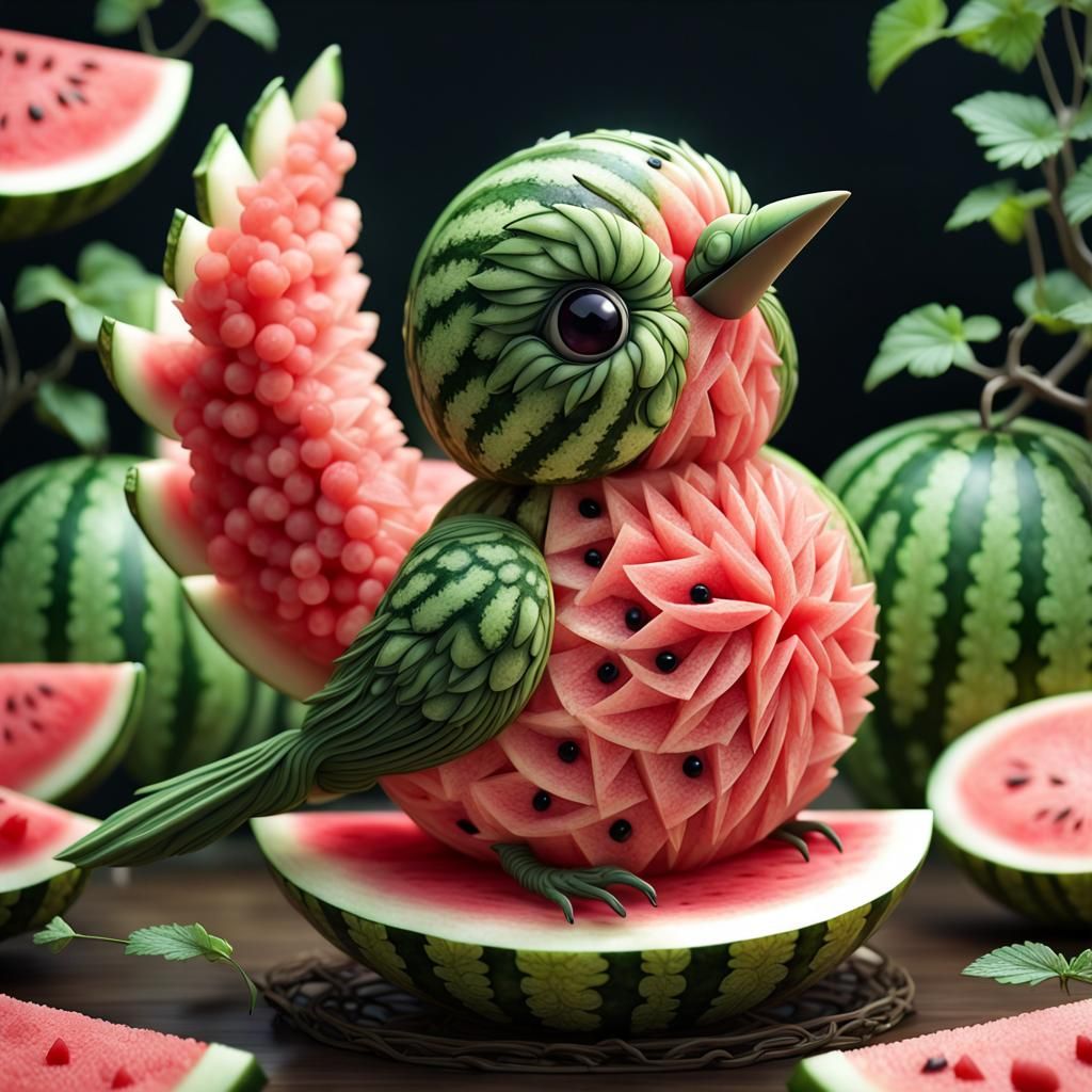 3 inch CUTEST BIRD made of water melon, carved from water melon, intricate details, HDR, beautifully shot, 64 megapixels...