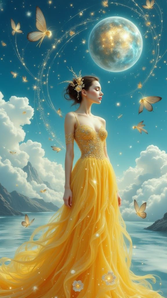 Surreal Woman in Yellow Dress Under Blue Sky