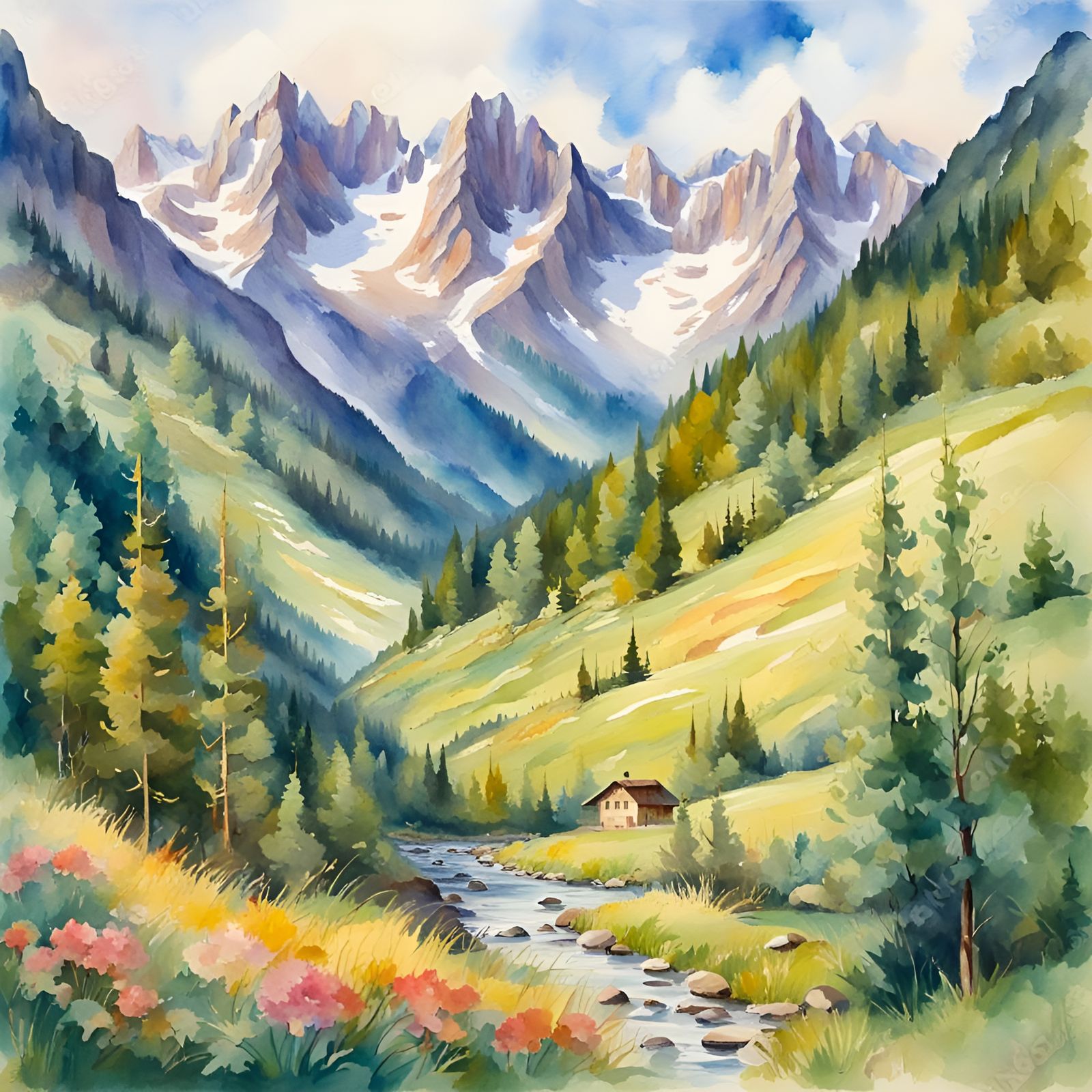 Alpine Valley Watercolor Painting in Gouache Style