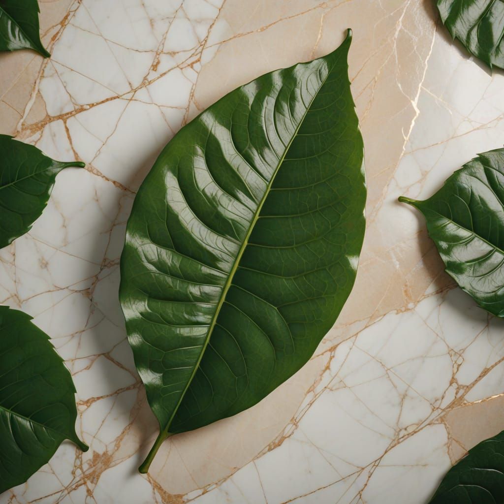 Elegant Green Leaf on Marble Still Life