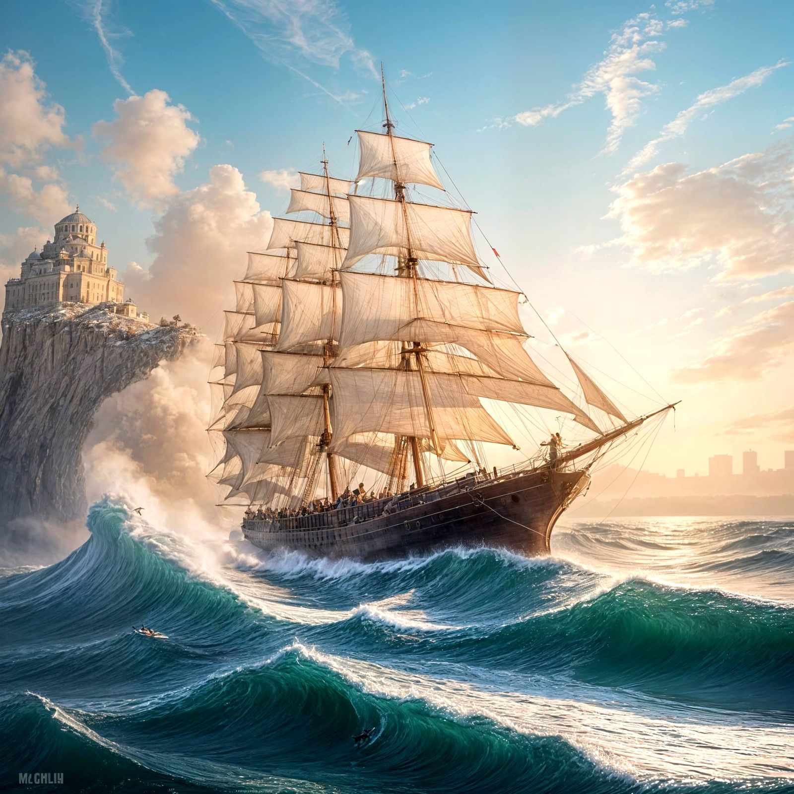 Stunning Tall Ship Sails Through Turbulent Green Sea