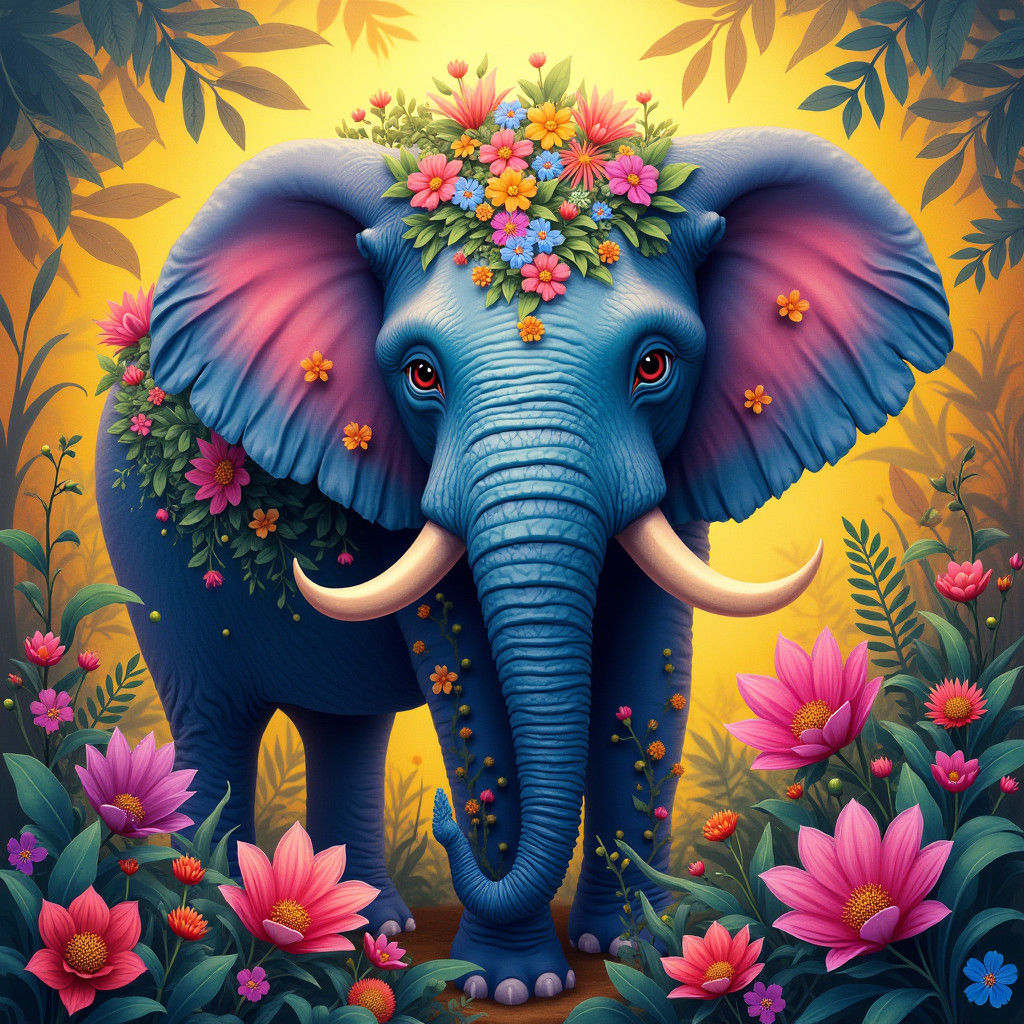 Dreamy Elephant with Exotic Blooms and Vines