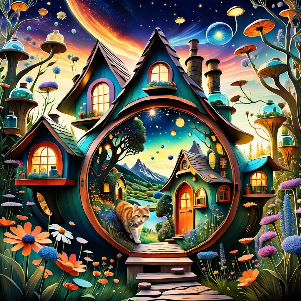 Magical Bio-Architectural Village with Cat, 3D Render