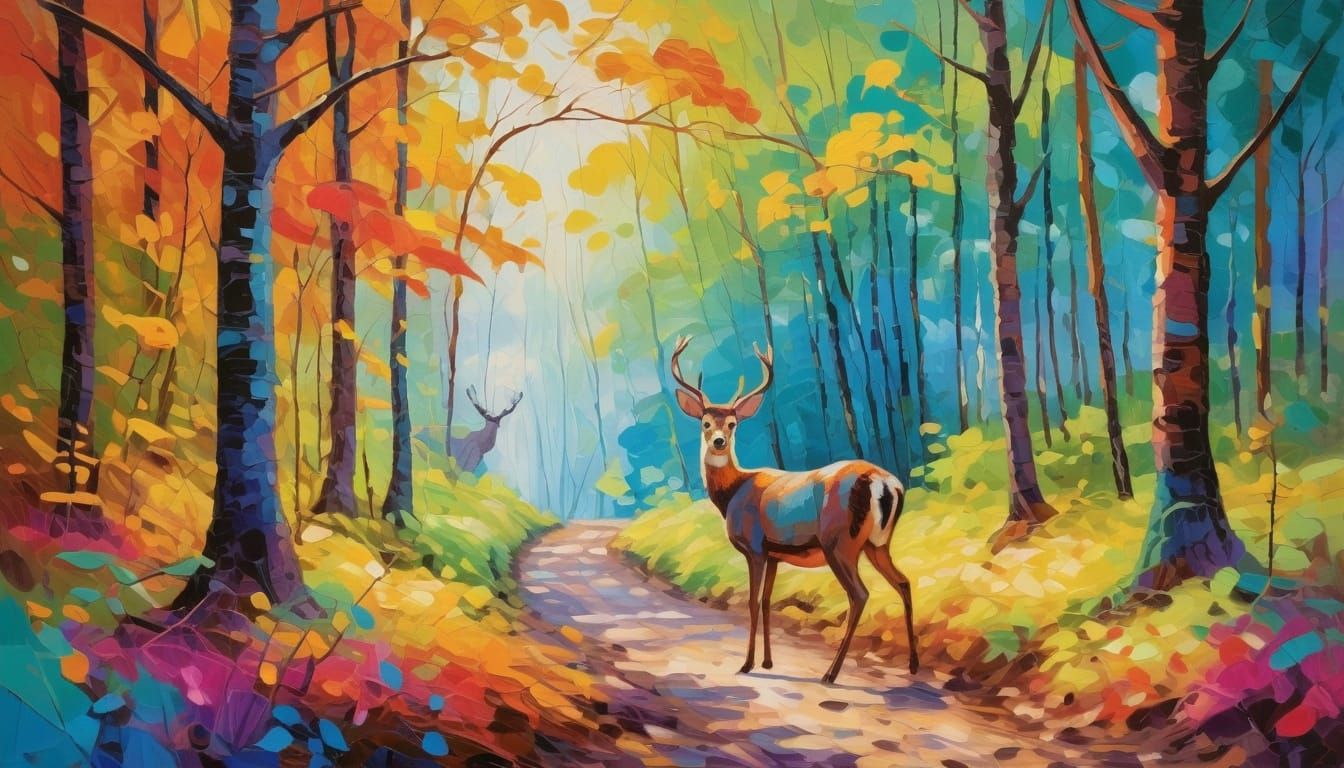 Vibrant Neo-Impressionist Woods Scene with Deer in Oil Paint...