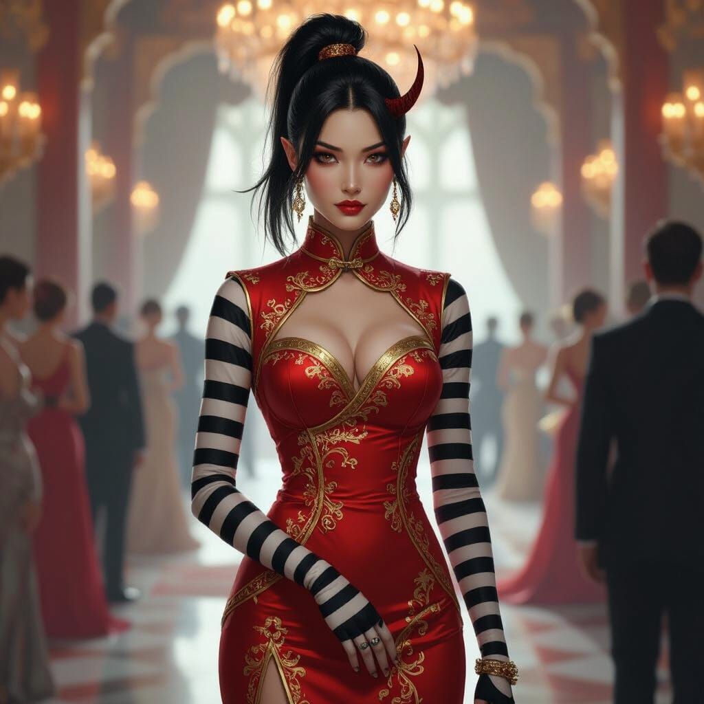 Tiefling in Cheongsam Dress at Lavish Ball