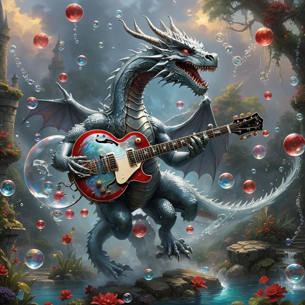Underwater Dragon's Guitar Serenade: Ethereal Fantasy Art