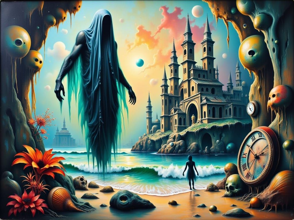Surreal Ghost Figure on Chaotic Beach
