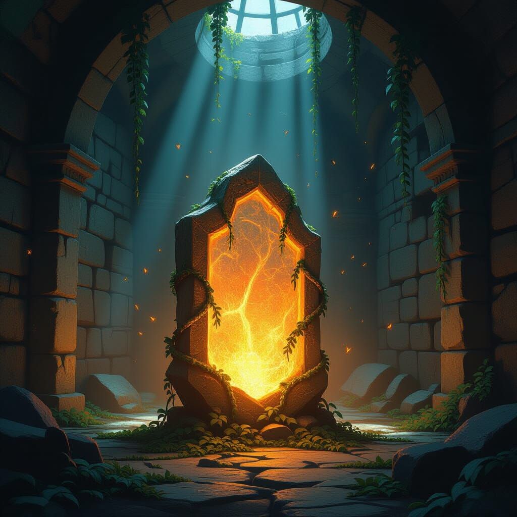 Glowing Artifact in Ancient Chamber with Impressionist Style