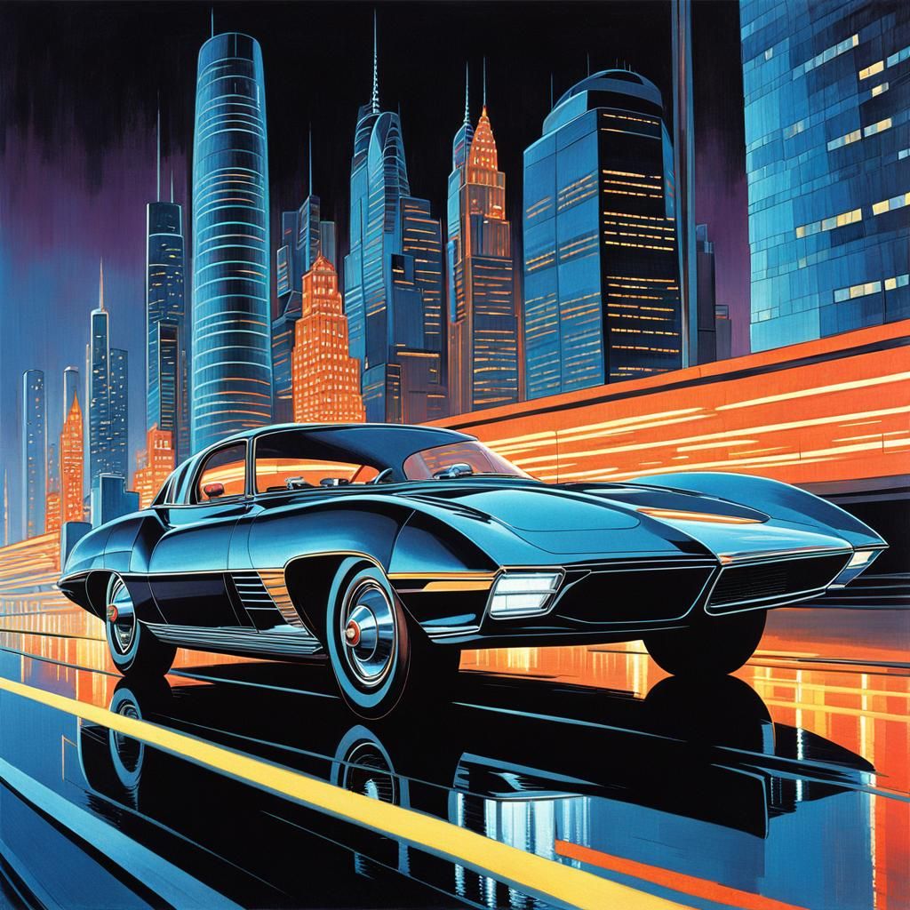 Retro-Futuristic Car Illustration in 1950s Style