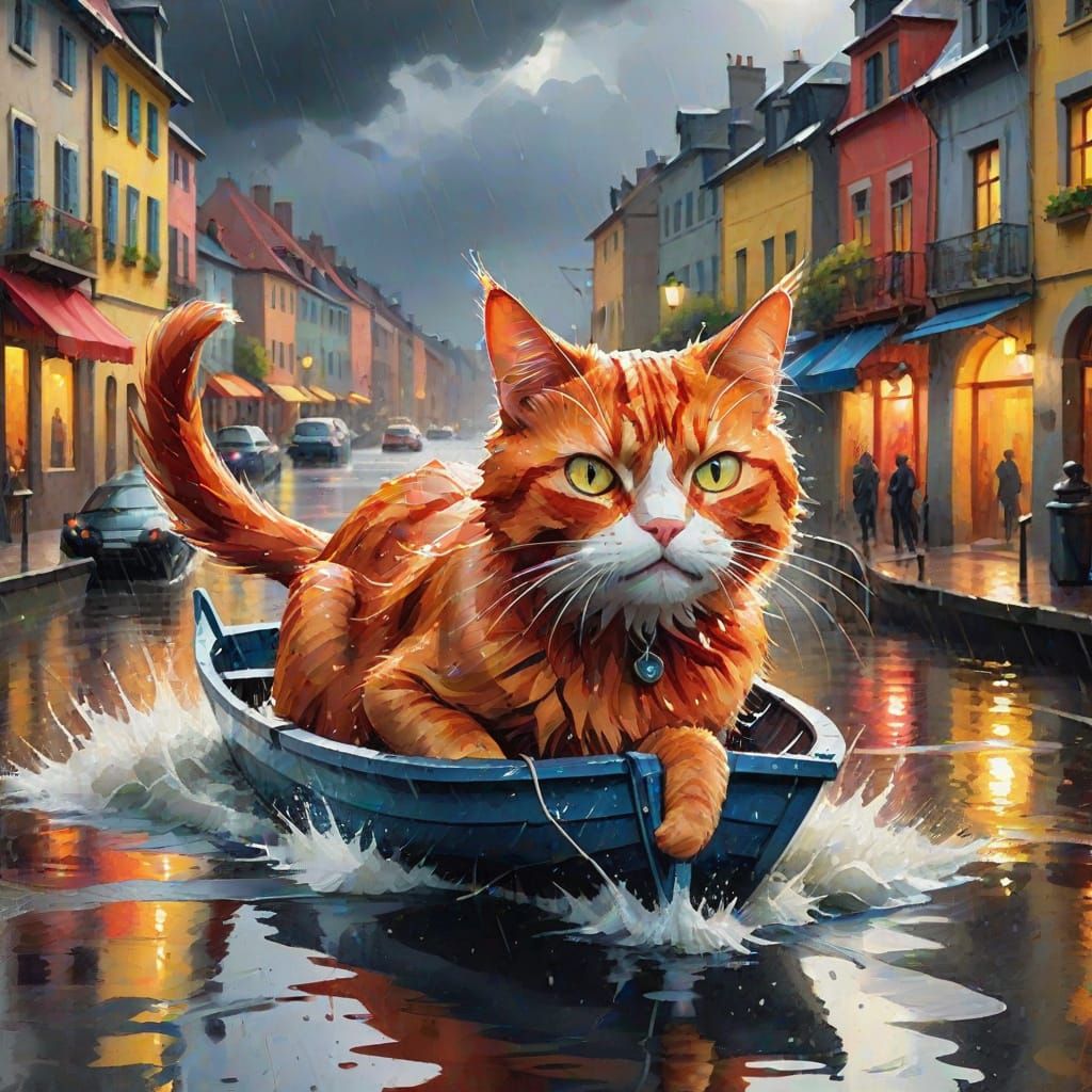 Vibrant Fauvist Masterpiece of a Red-Haired Cat on a Flooded...