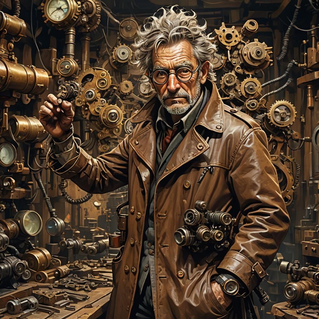 Steampunk Inventor in Workshop, Digital Art