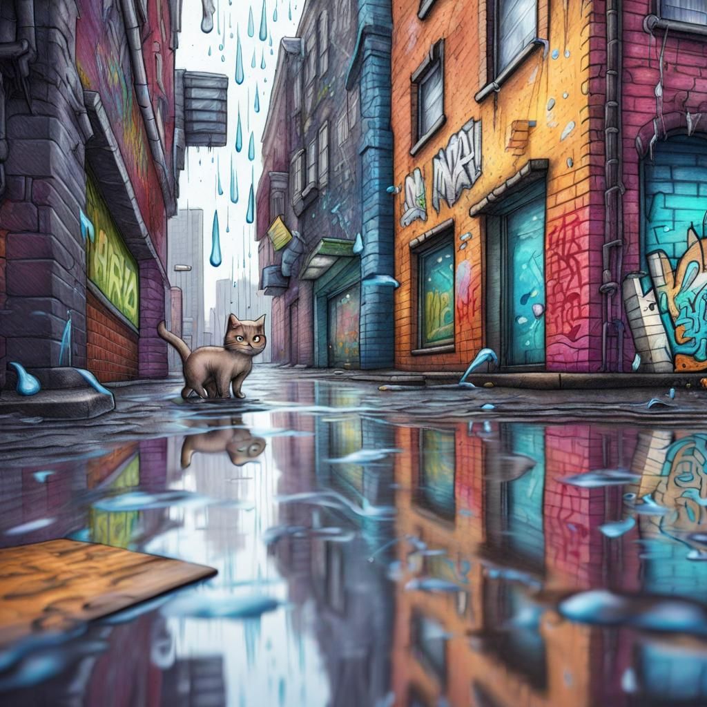 Rainy Cityscape with Graffiti in Colored Pencil