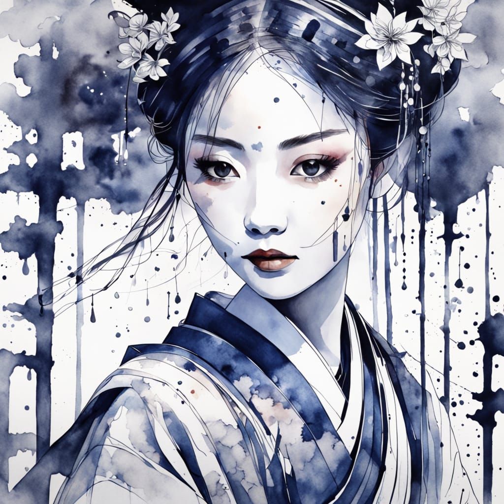 Ethereal Geisha Over Temple Ruins in Monochromatic Watercolo...