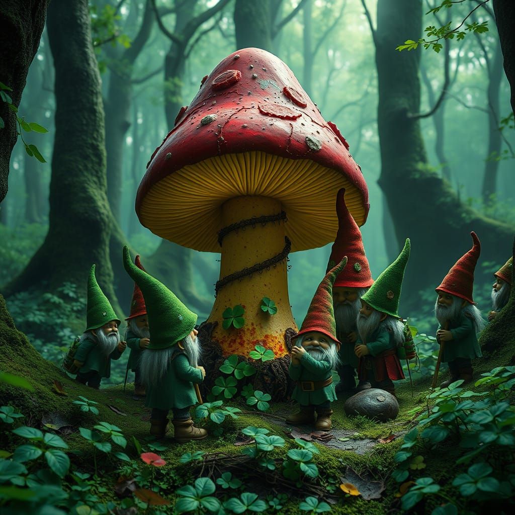 Mystical Emerald Forest Gnomes Gather Around Ancient Toadsto...