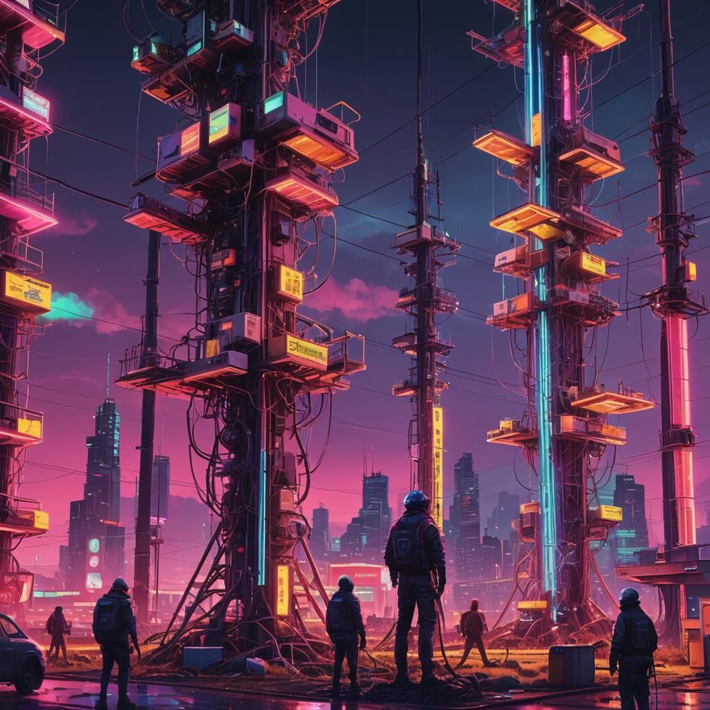 Synthwave Aliens Repairing Cell Tower in Neon City