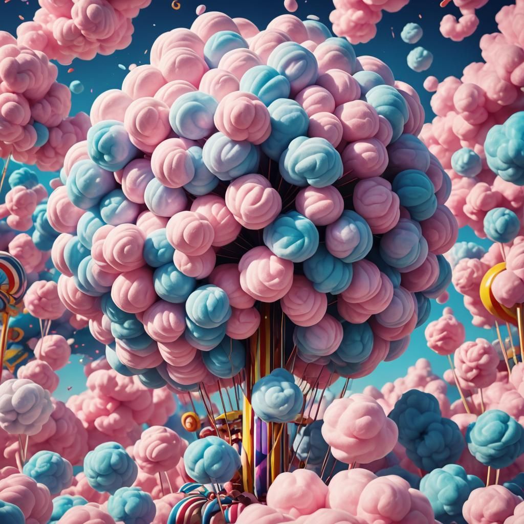 Colorful 3D Cotton Candy Cloud in Carnival Setting