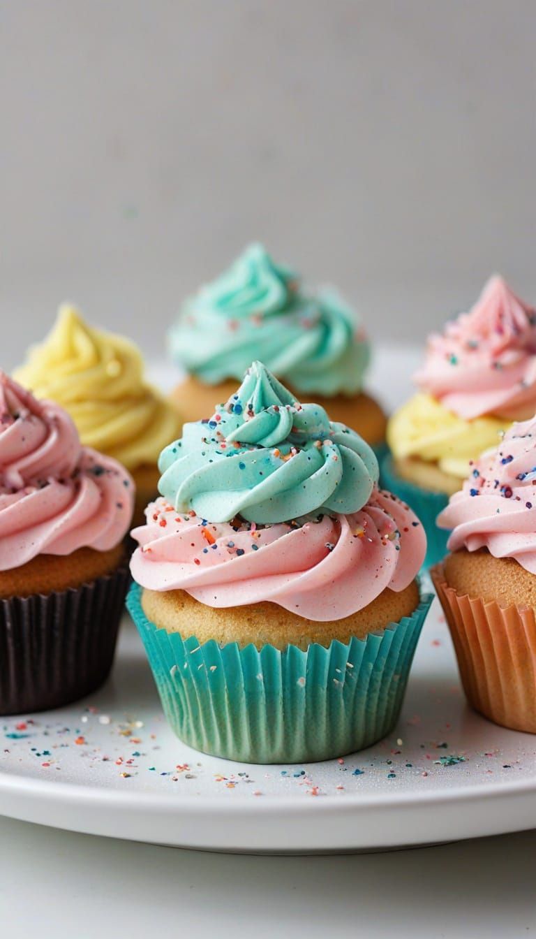 Bright Cupcakes with Pastel Frosting in Cinematic Food Photo...