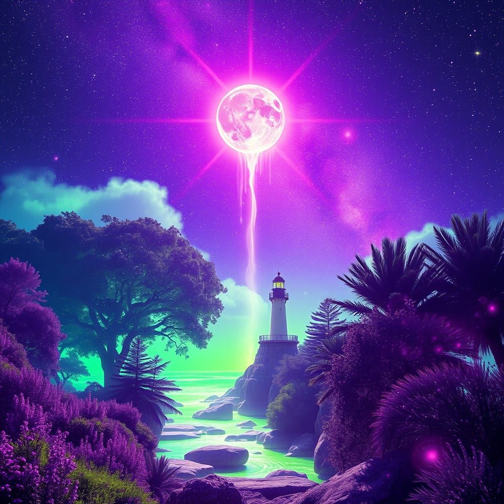 Purple Galaxy Drips into Neon World with Lighthouse