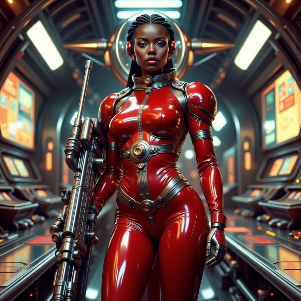 Cyberpunk Goddess in Metallic Red Space Armor
