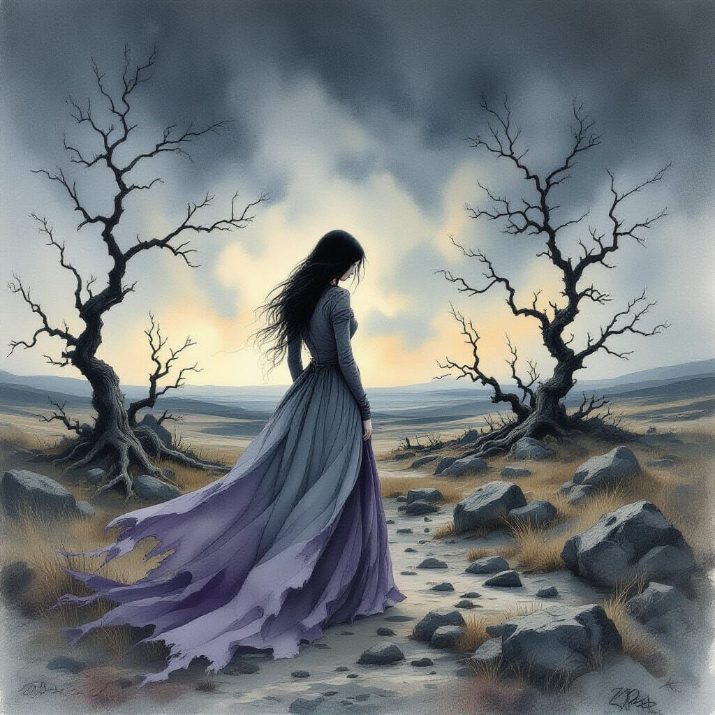 Melancholy Woman on Desolate Moor in Dark Fantasy Style