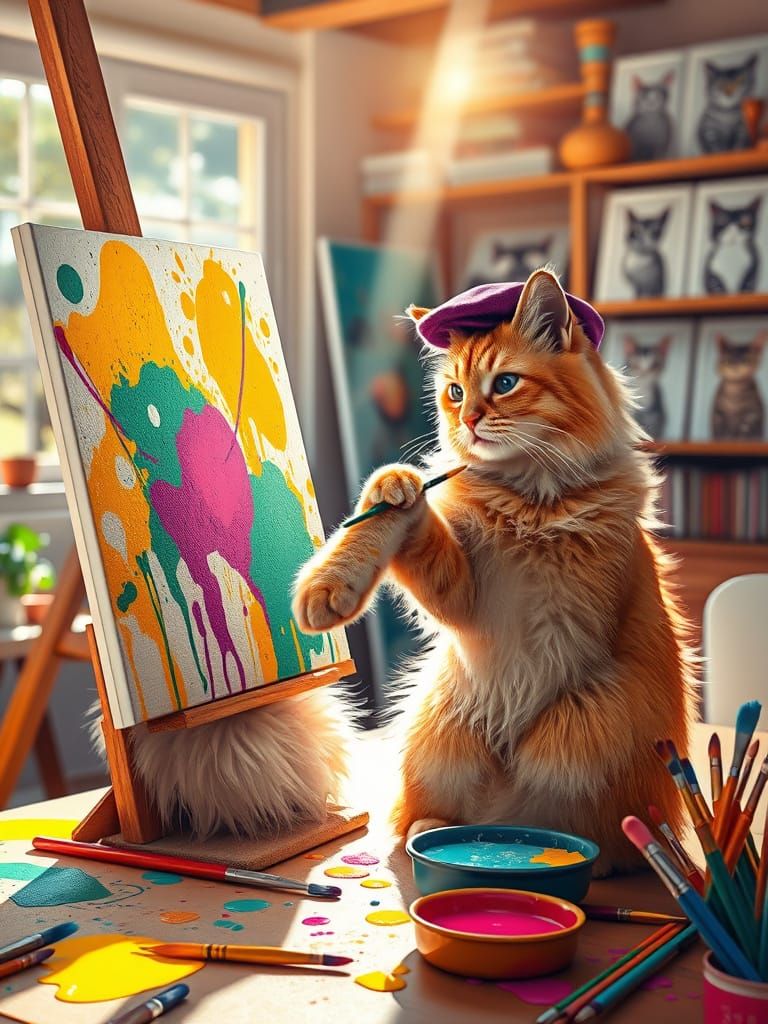 Feline Artist at Work in Vibrant Studio
