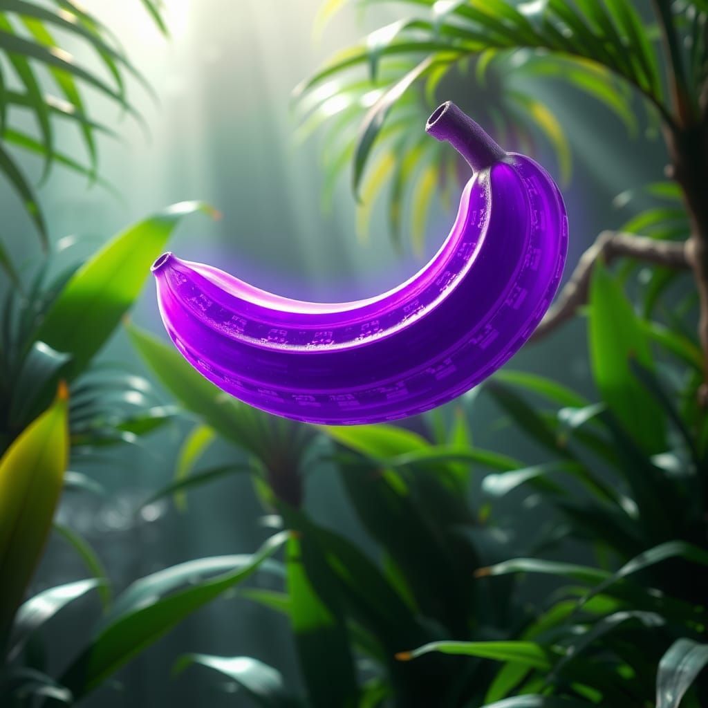 Glowing Purple Banana in Emerald Jungle, 3D Render