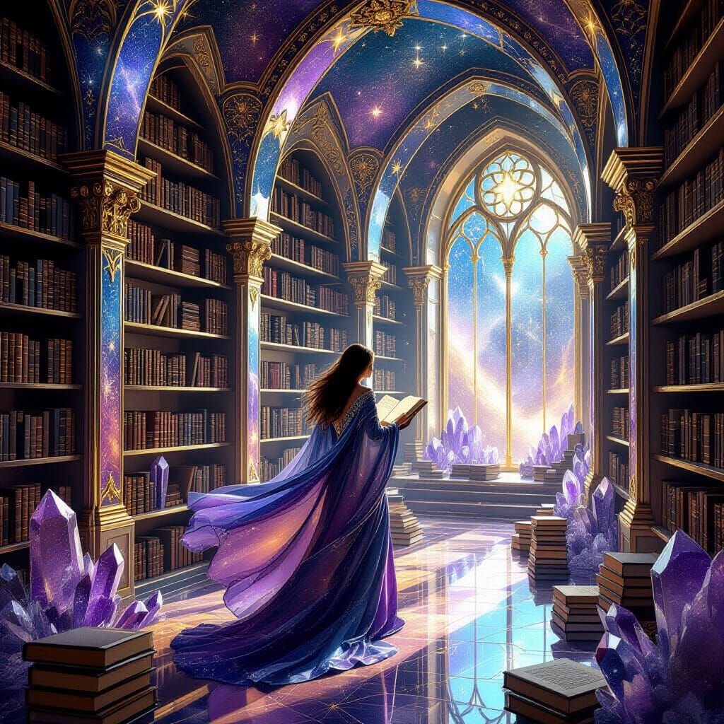 Celestial Library with Cosmic Librarian in Surreal Style