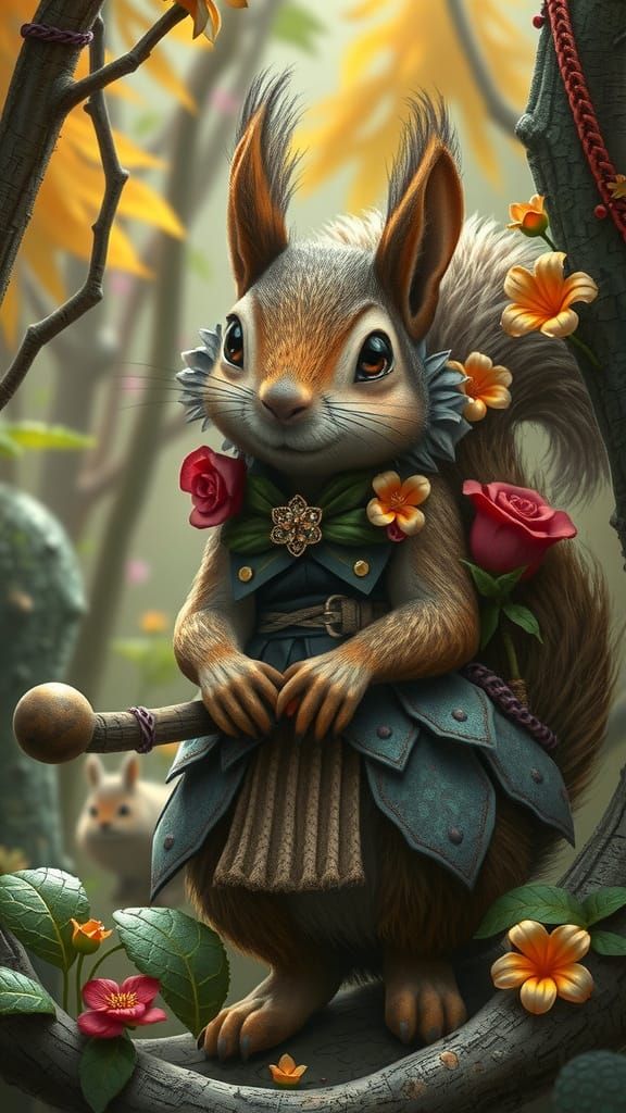 Whimsical Squirrel in Gothic Forest, Fantasy Art