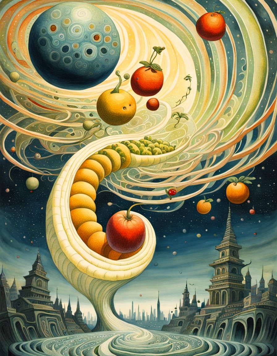 Surreal Spirals of Alien Fruit in Primitive Art Style