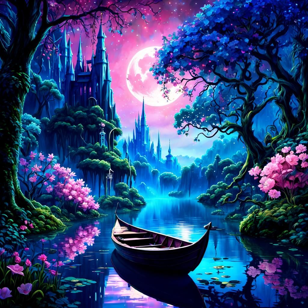 Bioluminescent Elven Boat on Magical Forest Lake