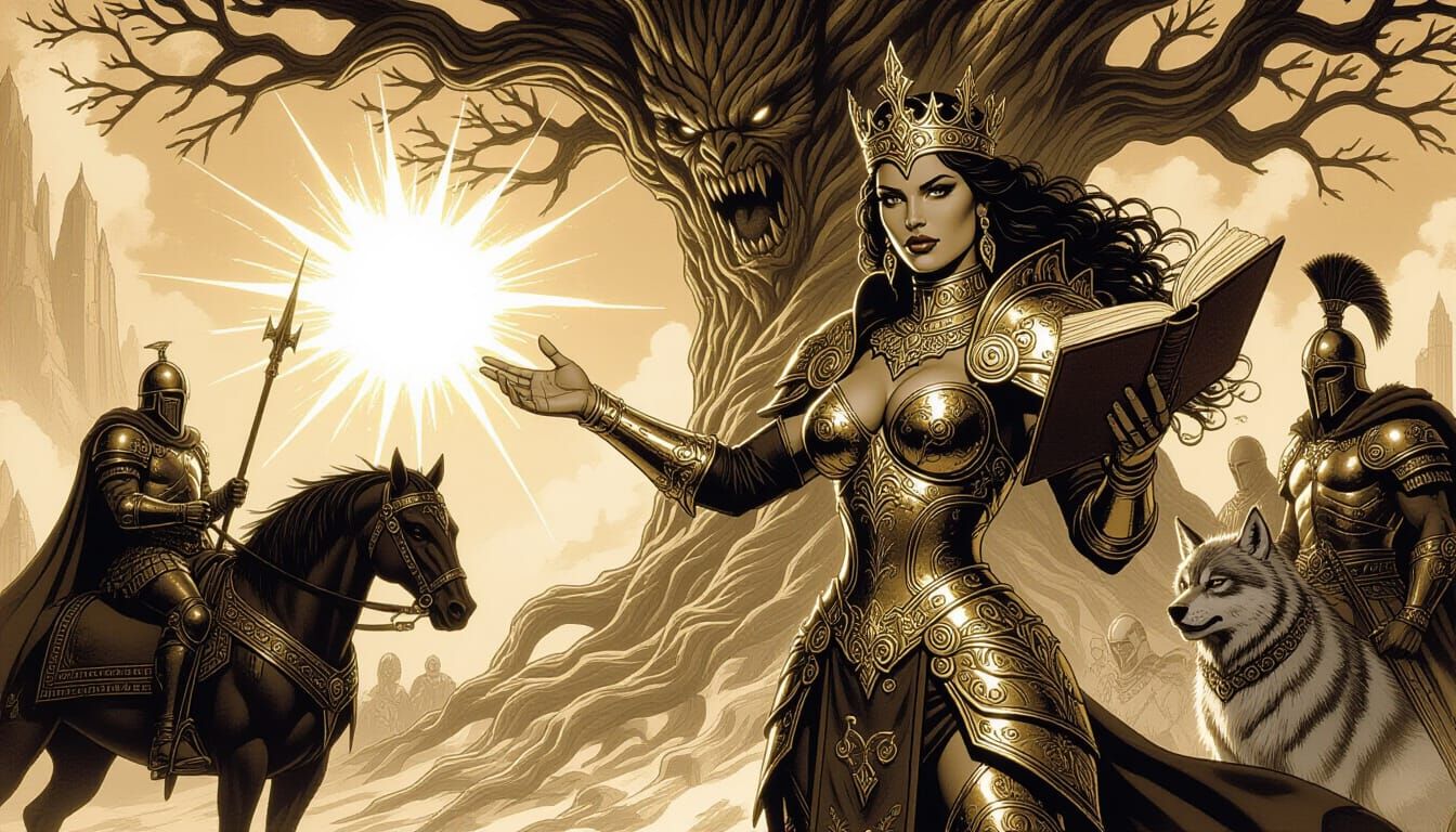 Armored Woman with Book in Fantasy World