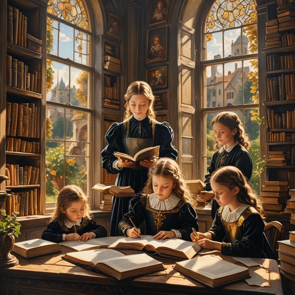 Renaissance Children Reading: Detailed Fantasy Concept Art