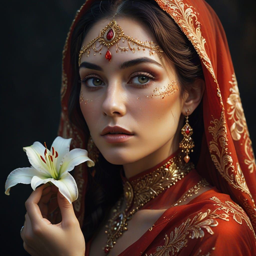Ornate Red Veil Portrait with Henna Tattoos and Lily