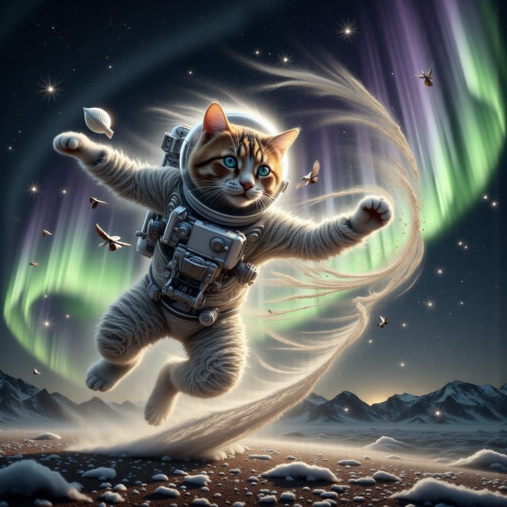 Cosmic Feline Odyssey in Vibrant Aurora