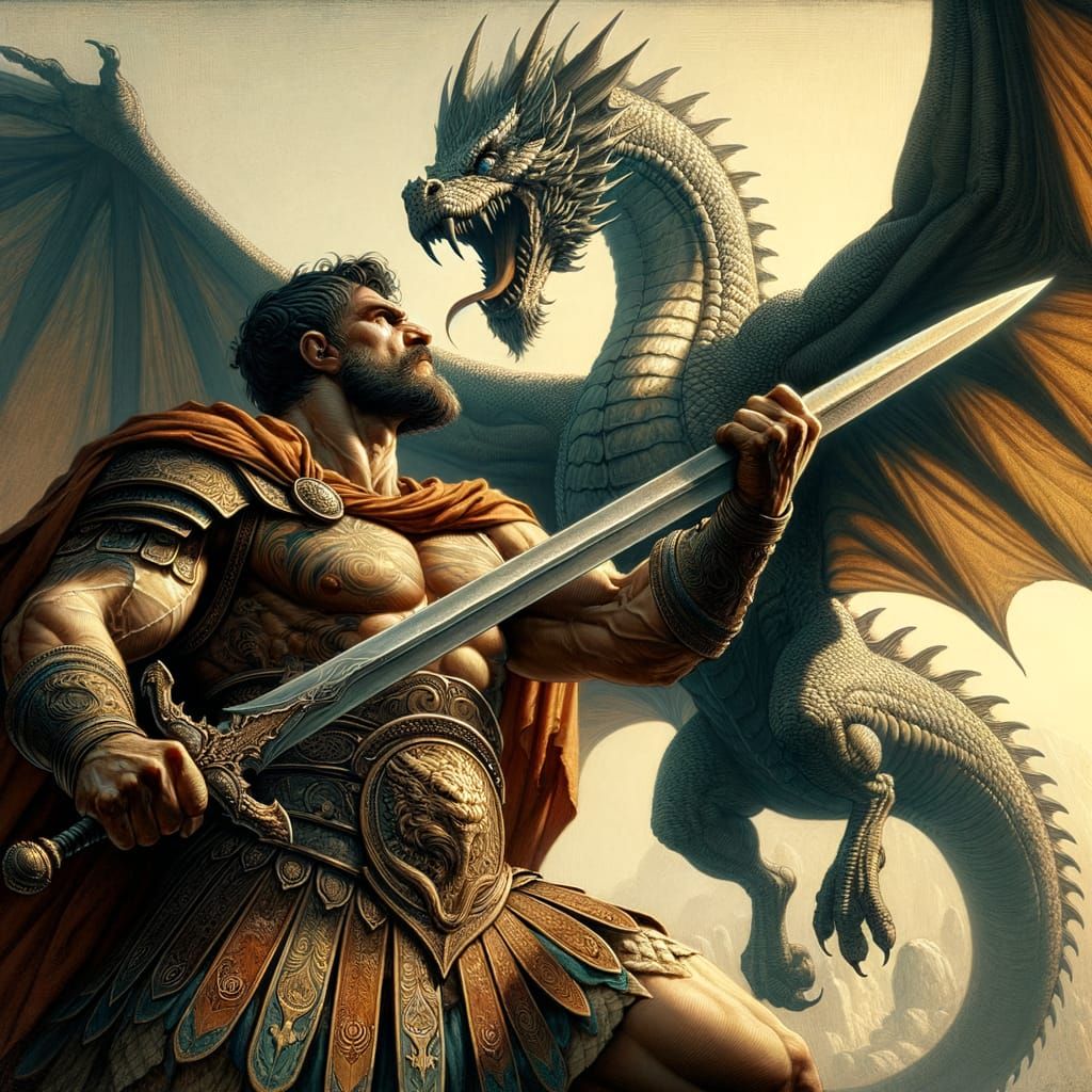 Roman Gladiator Defends Against Dragon Attack