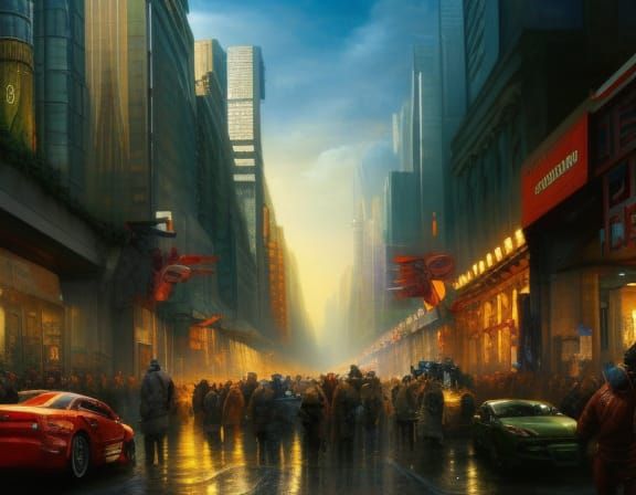 Cyberpunk New York City Oil Painting