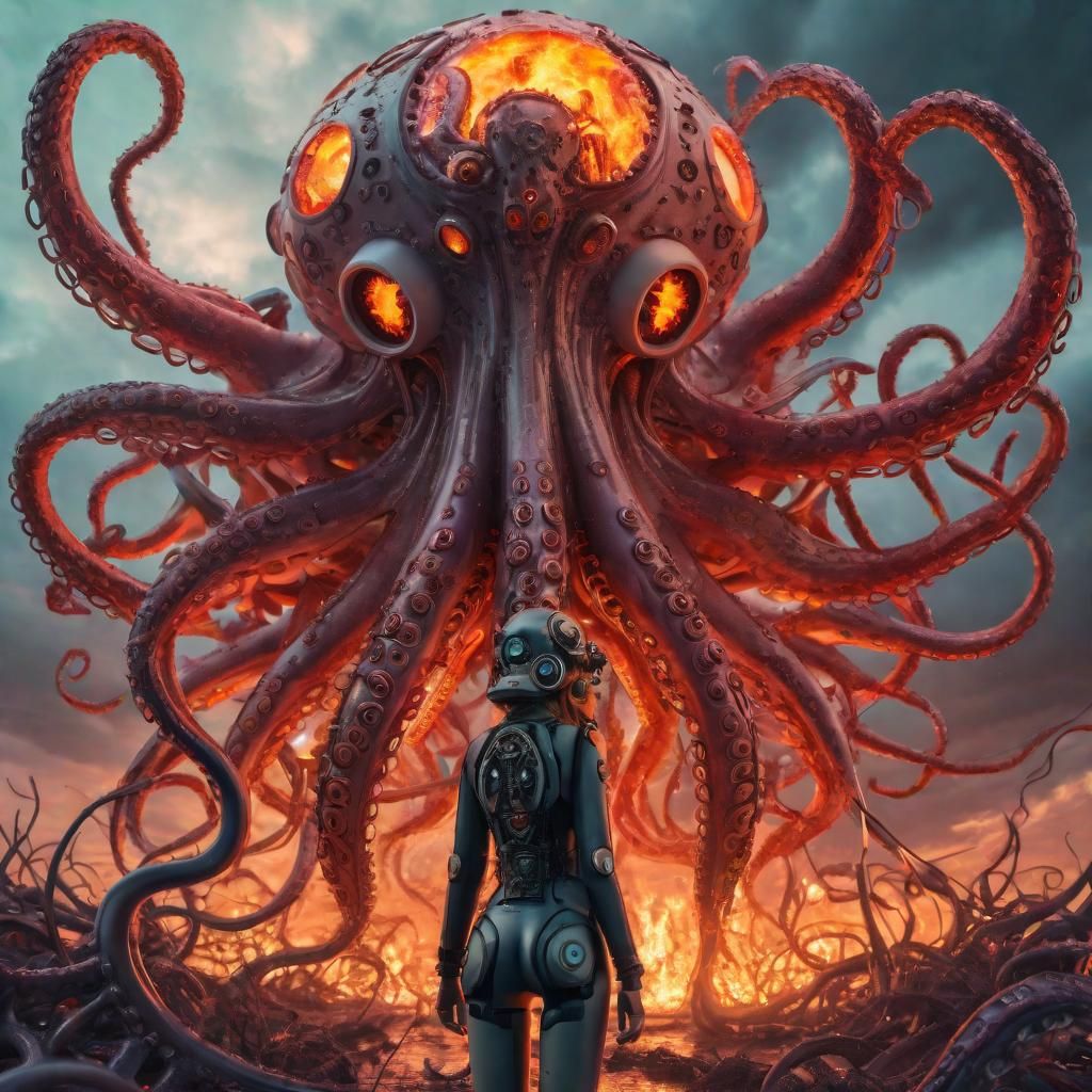 Surreal Battle Under Burning Sky with Drones